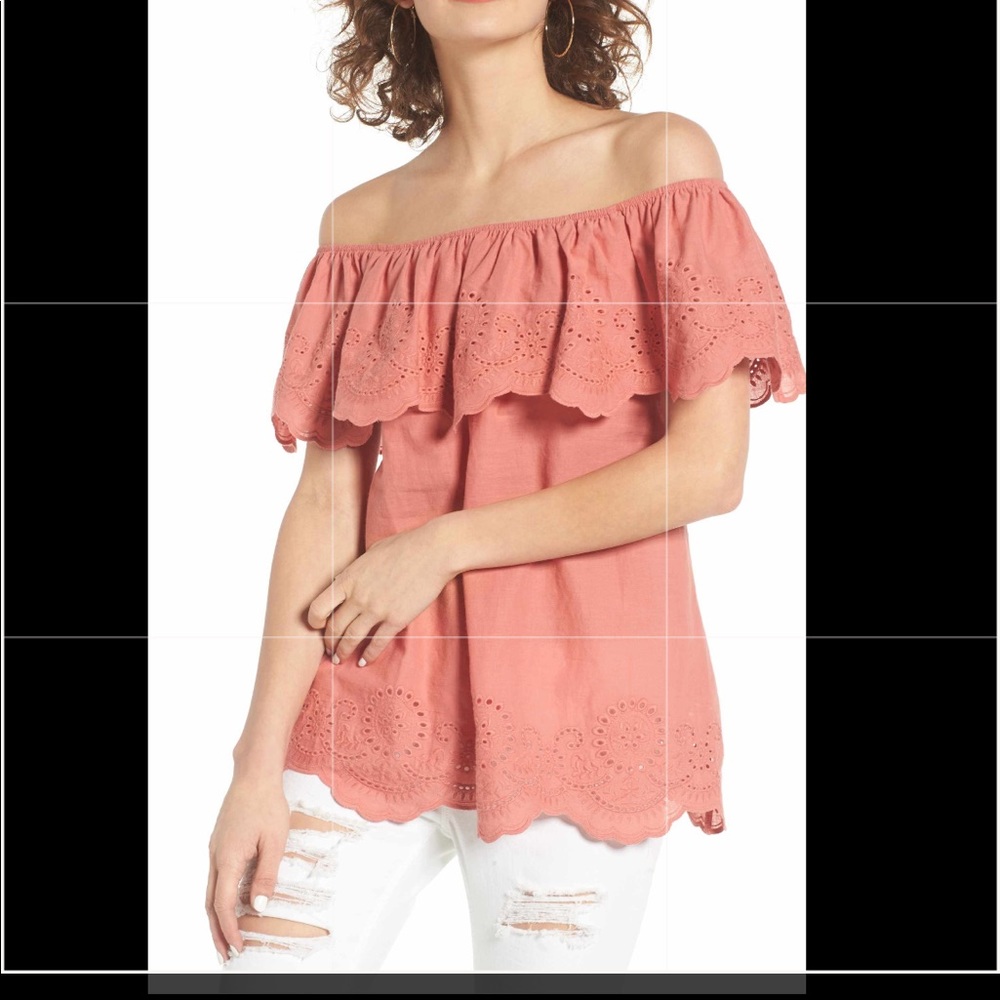 Pink/orange Eyelet Ruffle Off The Shoulder Top